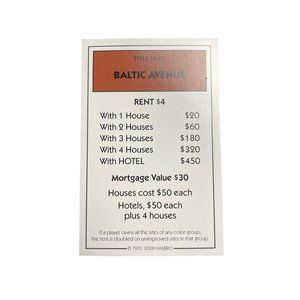 Monopoly Here Now Baltic Ave Property Title Deed Card Replacement 2008 u